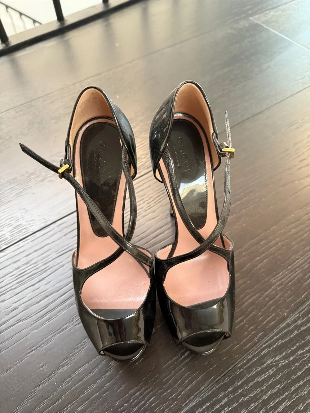 Gucci Black Patent Platform Peep-Toe Sandals